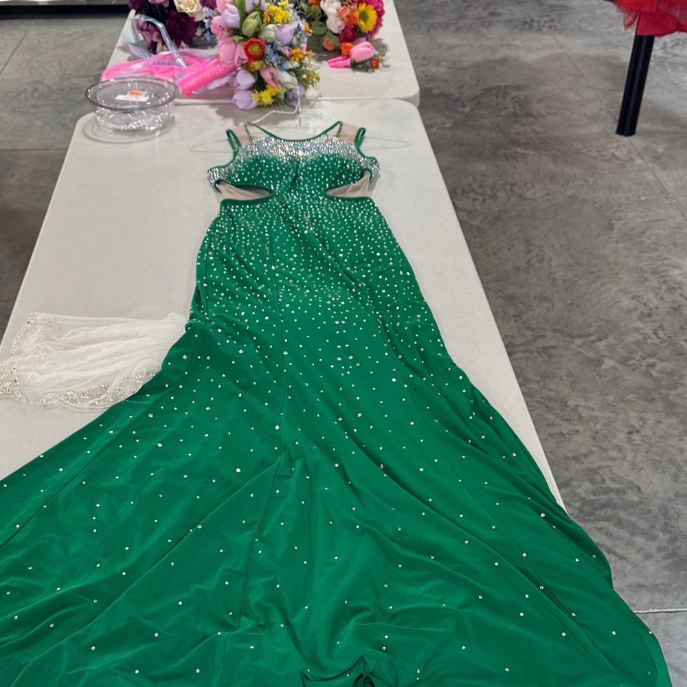 Betsy & Adam Green Prom Dress with Silver Accents